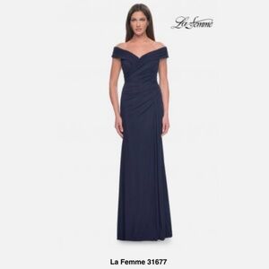 La Femme Style 31677 Navy off the shoulder evening gown. US6
